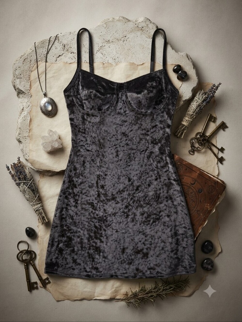 Vintage SoftWear Black Crushed Velvet Spaghetti Strap Mini Dress